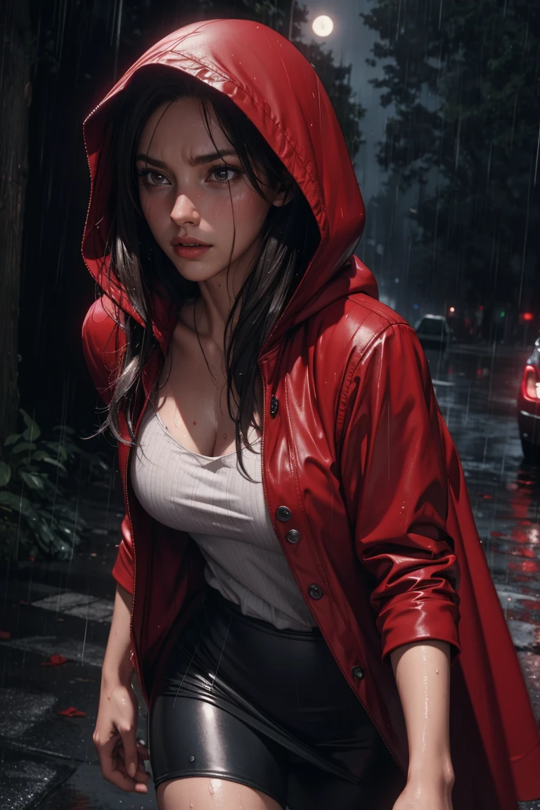 realistic, best quality, (masterpiece: 1.2)
red riding hood, running away from the bad wolf, moonlight, moody, rain
wet, sweaty, desperate expression
8k, 4k