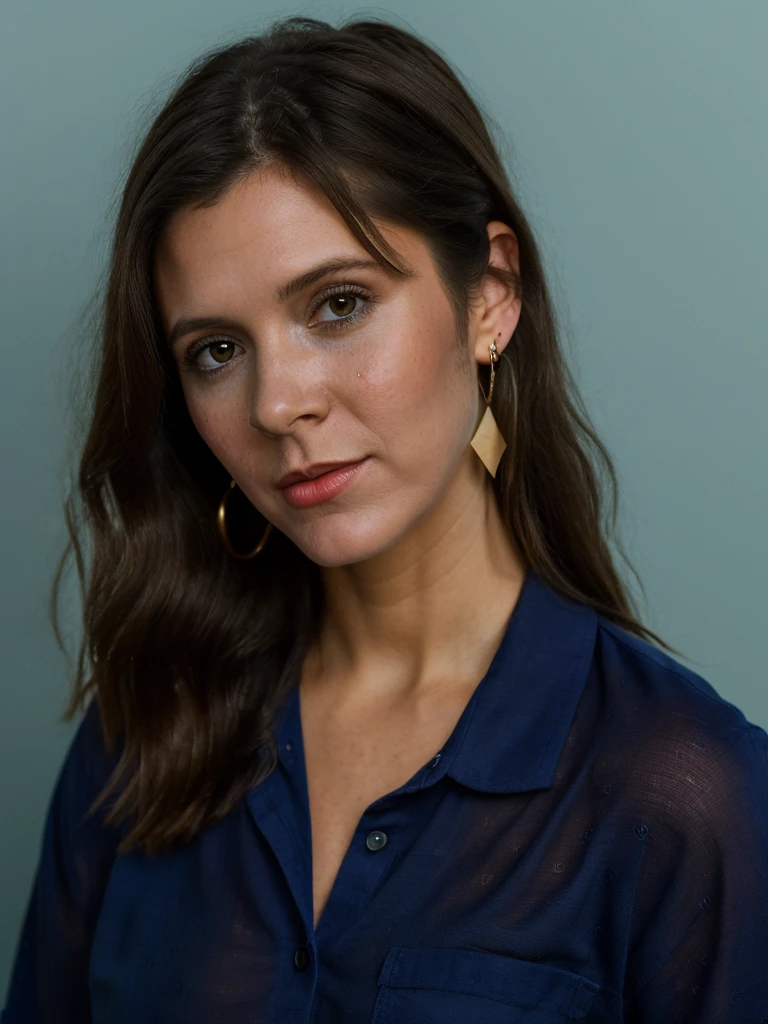 A beautiful c4rr13f,1girl, solo, long hair, looking at viewer, simple background, brown hair, shirt, brown eyes, jewelry, earrings, mole, lips, blue background, blue shirt, portrait, freckles, realistic
,soft lighting, professional Photography, Photorealistic, detailed, RAW, analog, sharp focus, 8k, HD, high quality, masterpiece<lora:c4rr13f:1.0>