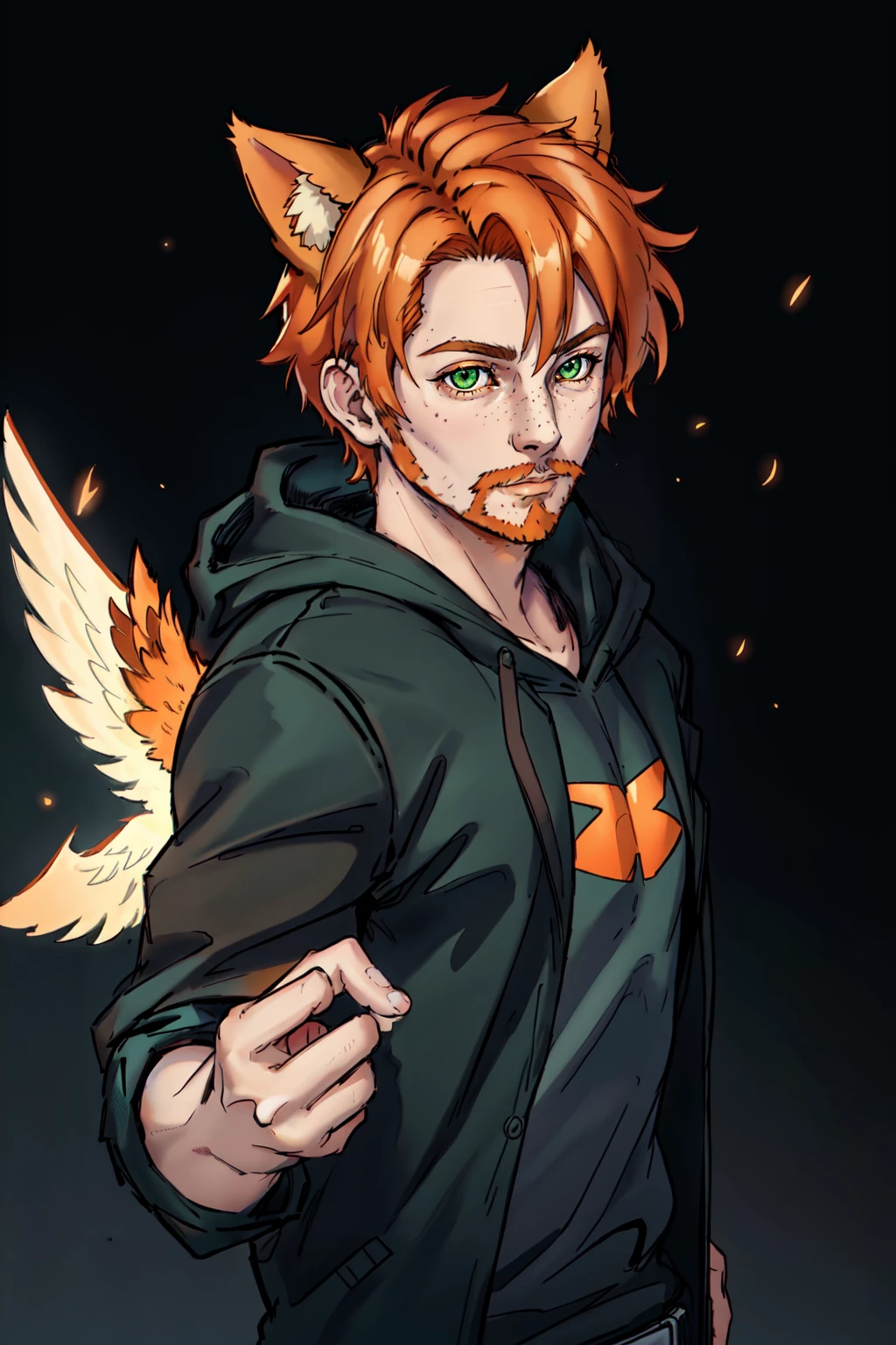 solo, looking at viewer, simple background, 1boy, animal ears, green eyes, jacket, male focus, wings, cat ears, hood, orange hair, hoodie, facial hair, black background, feathered wings, beard, freckles, kemonomimi mode,  LimitBreakStyler