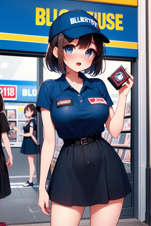 (((masterpiece, best quality, very aesthetic, absurdres))), (((2girls))), (((blockbuster))), (((red "R18" word logo))), ((clerk holding a video rental store goods)),blue cap, blue polo shirt, khaki pants, look at each other, (((storefront))), (((glass door))), (((night))), parted lips, guest in short dress, solo, 1girl, ribbon, sweat, shy, blush, open mouth, moist skin, pretty face, big tits, slim figure, <lora:girllikeblockbuster:1>