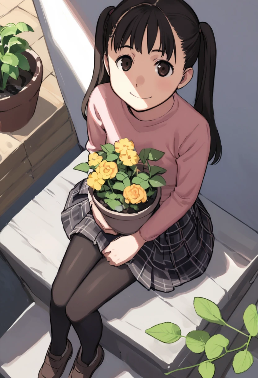 <lora:comiclo_a31:1>,1girl, solo, pantyhose, sitting, flower, skirt, twintails, sitting on stairs, from above, black eyes, stairs, black hair, plaid skirt, legs, plaid, long hair, shade, smile, looking at viewer, black pantyhose, brown hair, looking up, own hands together, sunlight, brown eyes, long sleeves, plant, flower pot, book