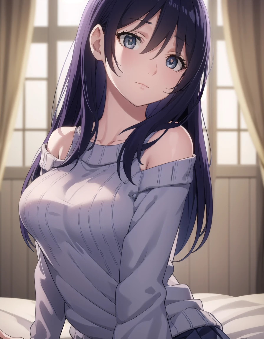 yurikotobiki, <lora:yuri kotobiki-lora-nochekaiser:1>,
yuri kotobiki, long hair, black hair, (grey eyes:1.3),
BREAK off shoulder, sweater, purple sweater, skirt, white skirt,
BREAK indoors, bed, bed room,
BREAK looking at viewer, (cowboy shot:1.5),
BREAK <lyco:GoodHands-beta2:1>, (masterpiece:1.2), best quality, high resolution, unity 8k wallpaper, (illustration:0.8), (beautiful detailed eyes:1.6), extremely detailed face, perfect lighting, extremely detailed CG, (perfect hands, perfect anatomy),