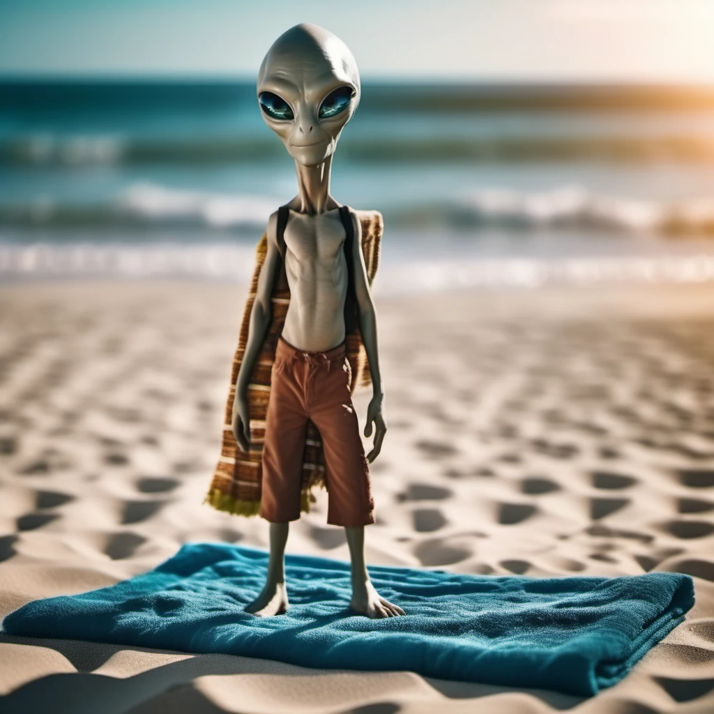 cinematic photo a full body alien wears sunglasses and a beachtowel around the waist  <lora:Paul1024:0.8> . 35mm photograph, film, bokeh, professional, 4k, highly detailed