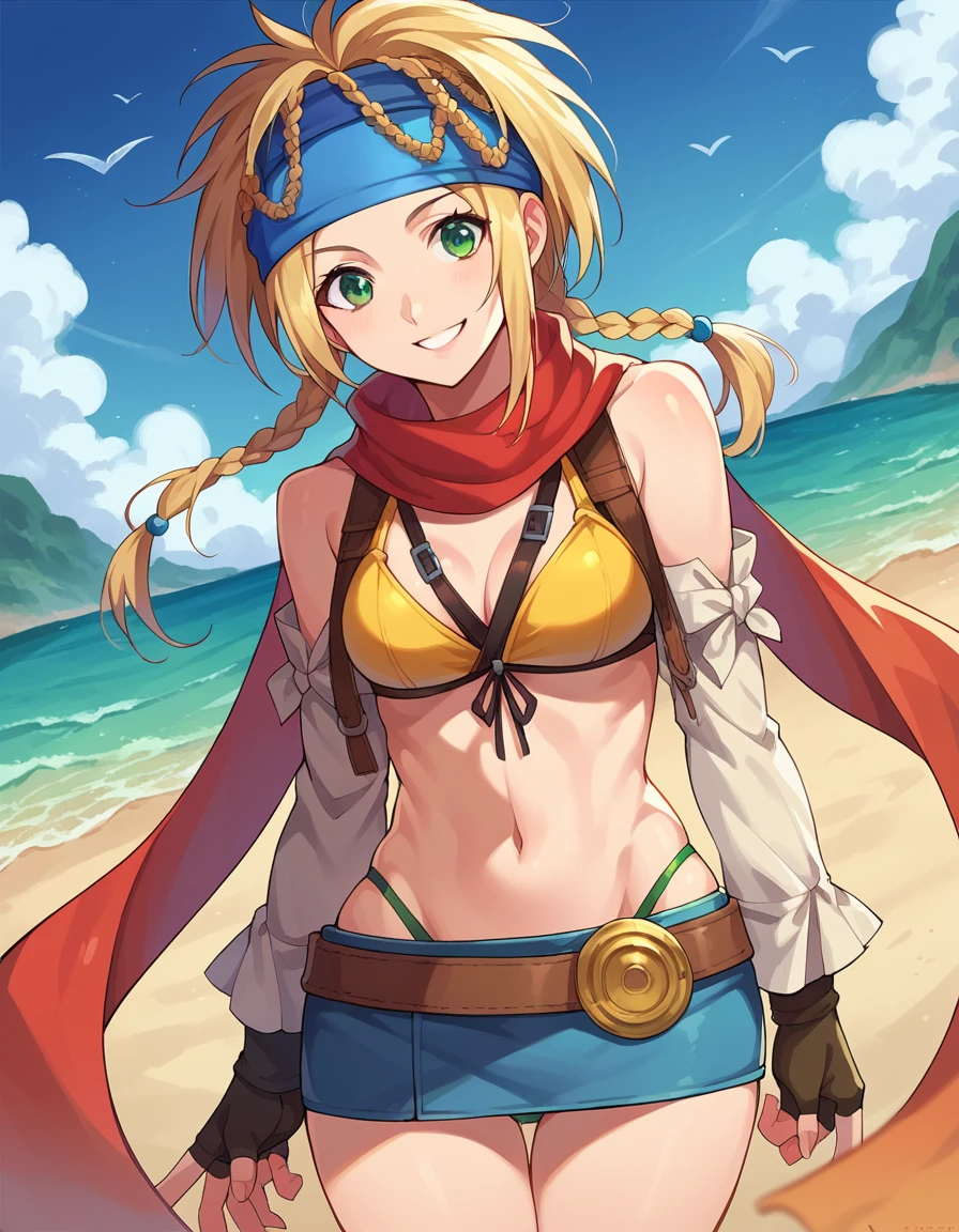 score_9, score_8_up, score_7_up, source_anime,
ffrikku, <lora:ff-rikku-ponyxl-lora-nochekaiser:1>,
rikku, blonde hair, braid, green eyes, long hair, headband,
 shoulders, belt, , detached sleeves, fingerless gloves, gloves, headband, miniskirt, panties, scarf, skirt, swimsuit, ,
outdoors, beach, smile,
looking at viewer, cowboy shot, dutch angle,