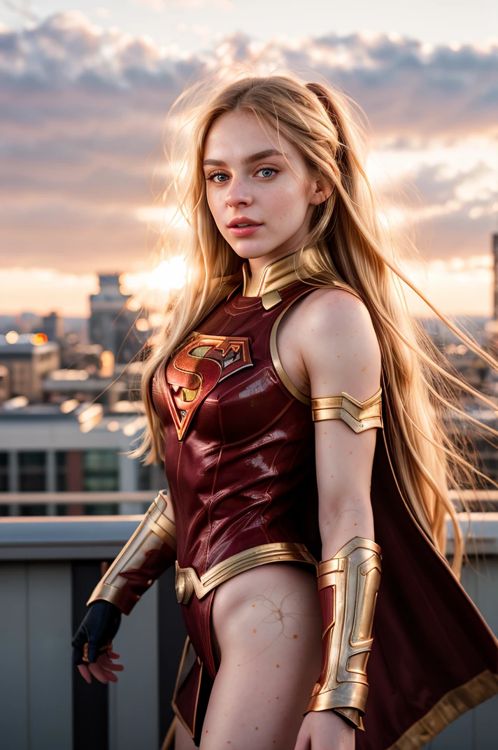 tv_Astrid_MXAI, , , wearing a supergirl costume, standing on a rooftop, windblown hair, sunset in the background,, 8k resolution, highres, high detail, sharp focus, detailed skin, 8k uhd, bokeh, analog photography