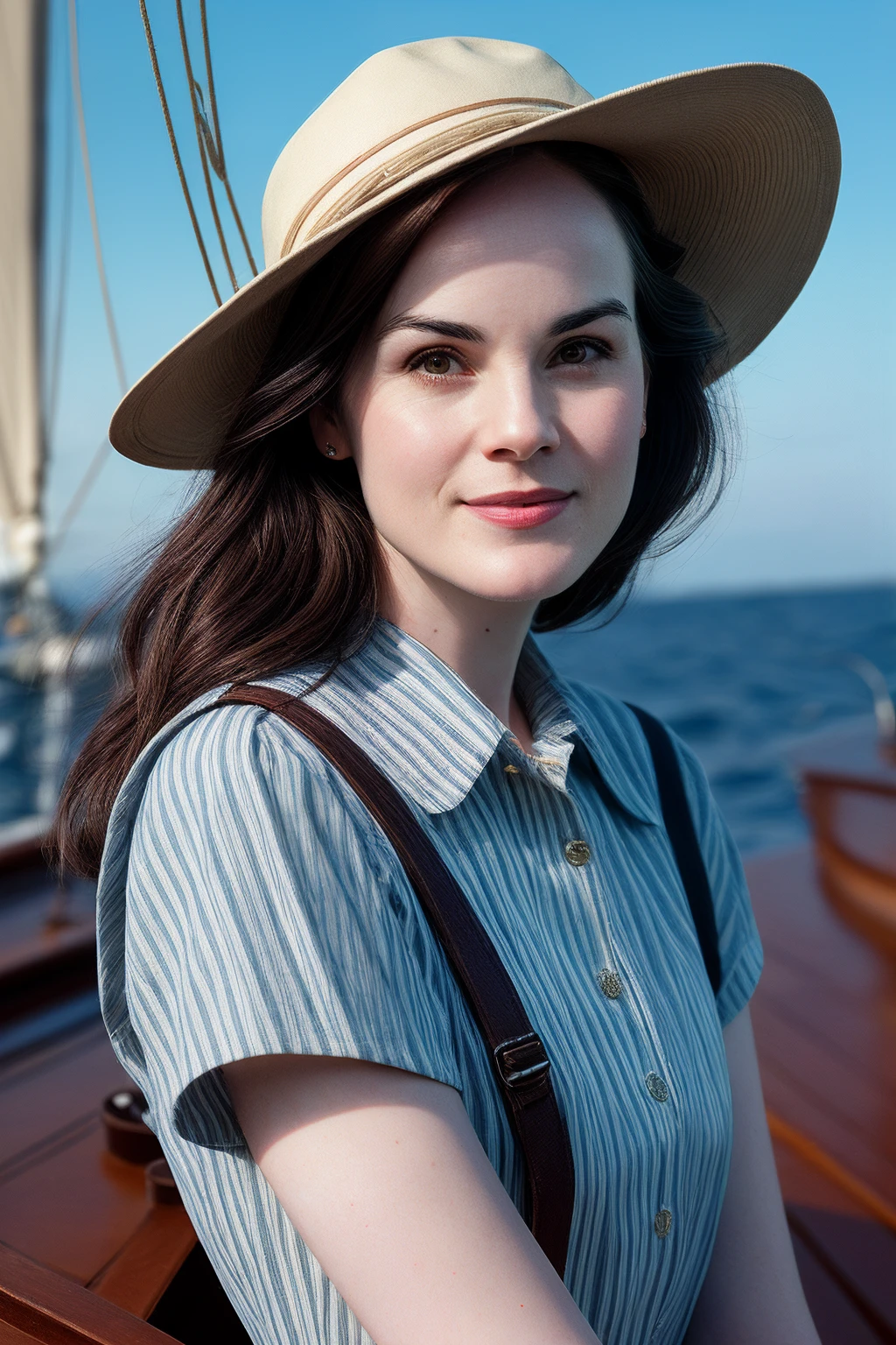 MichelleD_SoloTI_v1, PA7_Portrait-MCU,(happy,smile), (Decked out in a striped sailor shirt paired with high-waisted shorts and a captain's hat, with rope accents and anchor motifs), (On the deck of a sailing ship, with billowing sails and the salty sea breeze filling the air, as seagulls circle overhead and waves gently lap against the hull:1.3), <lora:add_detail:0.6>,<lora:LowRa:0.5>