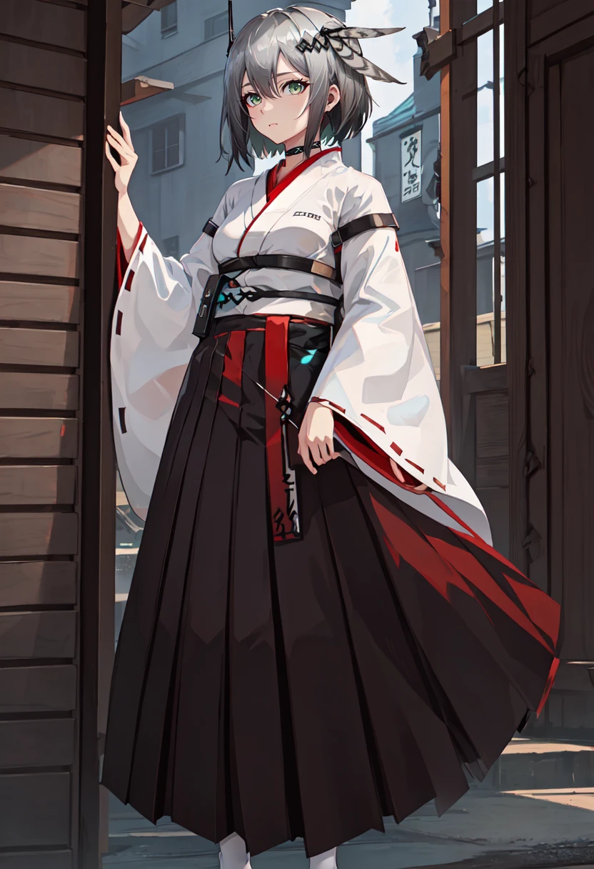 best quality, masterpiece, highres, solo, (greythroat_arknights:1.10), (white kimono:1.35), (red hakama:1.35), (wide sleeves:1.20), 15 <lora:greythroat_arknights:0.80>