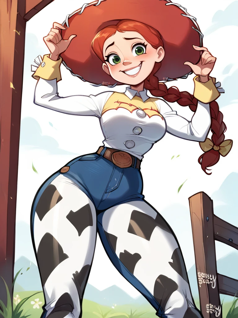 score_9, score_8_up, score_7_up, score_6_up, JessieXLP leaning forward, smile, nervous, hat, red hair, braid, bow, belt, animal print, cow print, pants, boots, medium breasts, narrow waist, wide hips, thick thighs, looking at viewer, cowboy shot, cartoon, dynamic pose, smile, cute, wide shot, solo, farm, disney, from below,
 <lora:JessieXLP_character:1>  <lora:BlushySDXL:0.8> blushyspicy,