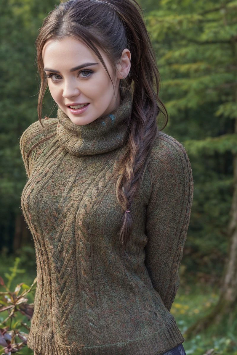 photo of S377_TimeaBella,a stunning woman,on a (woodland-hilltop:1.1),wearing a (sweater:1.1),(leggings),(pigtails),(4k, RAW photo, best quality, 35mm, depth of field, ultra high res:1.1),(intricate, photorealistic, cinematic-shot, masterpiece, ultra-detailed:1.1),