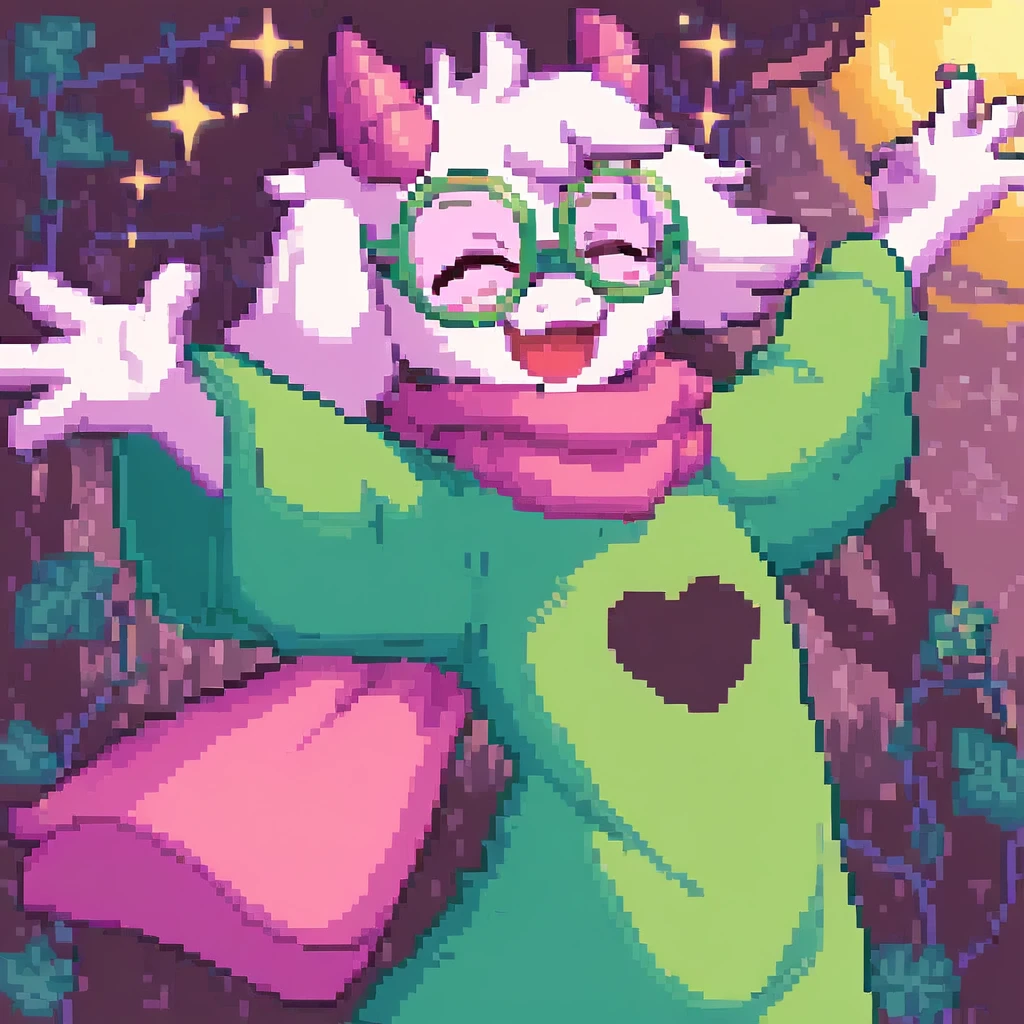 pixel-art score_9,score_8_up,score_7_up,score_6_up,score_5_up,score_4_up, solo anthro, RalseiWhite, upper body, boy, (Pink eyes), green robe, pink scarf, pink horns, White fur, ((round glasses, Green glasses)), (happy, dancing),  <lora:Ralsei B-W-000016:1>, forest background <lora:pixelbuildings128-v2:0.85> . low-res, blocky, pixel art style, 8-bit graphics