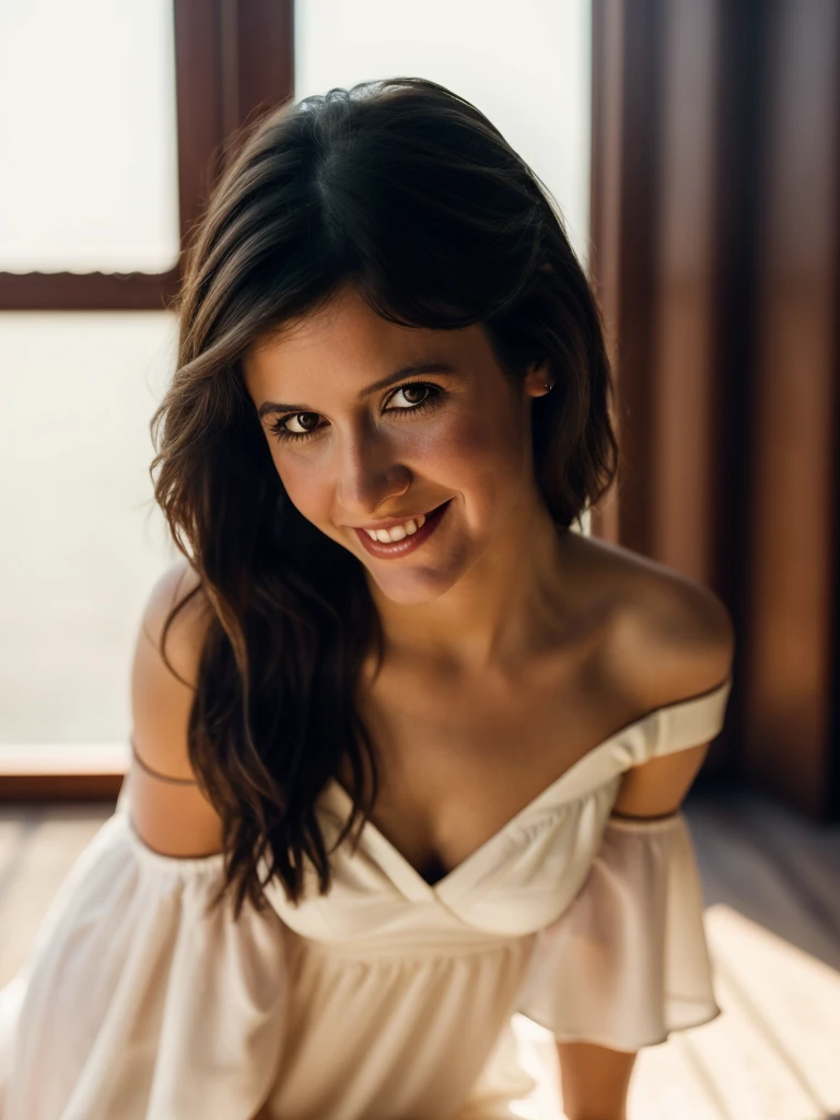 A beautiful c4rr13f,1girl, solo, long hair, breasts, looking at viewer, smile, simple background, brown hair, dress, cleavage, bare shoulders, brown eyes, upper body, teeth, lips, strapless, traditional media, realistic
,soft lighting, professional Photography, Photorealistic, detailed, RAW, analog, sharp focus, 8k, HD, high quality, masterpiece<lora:c4rr13f:1.0>