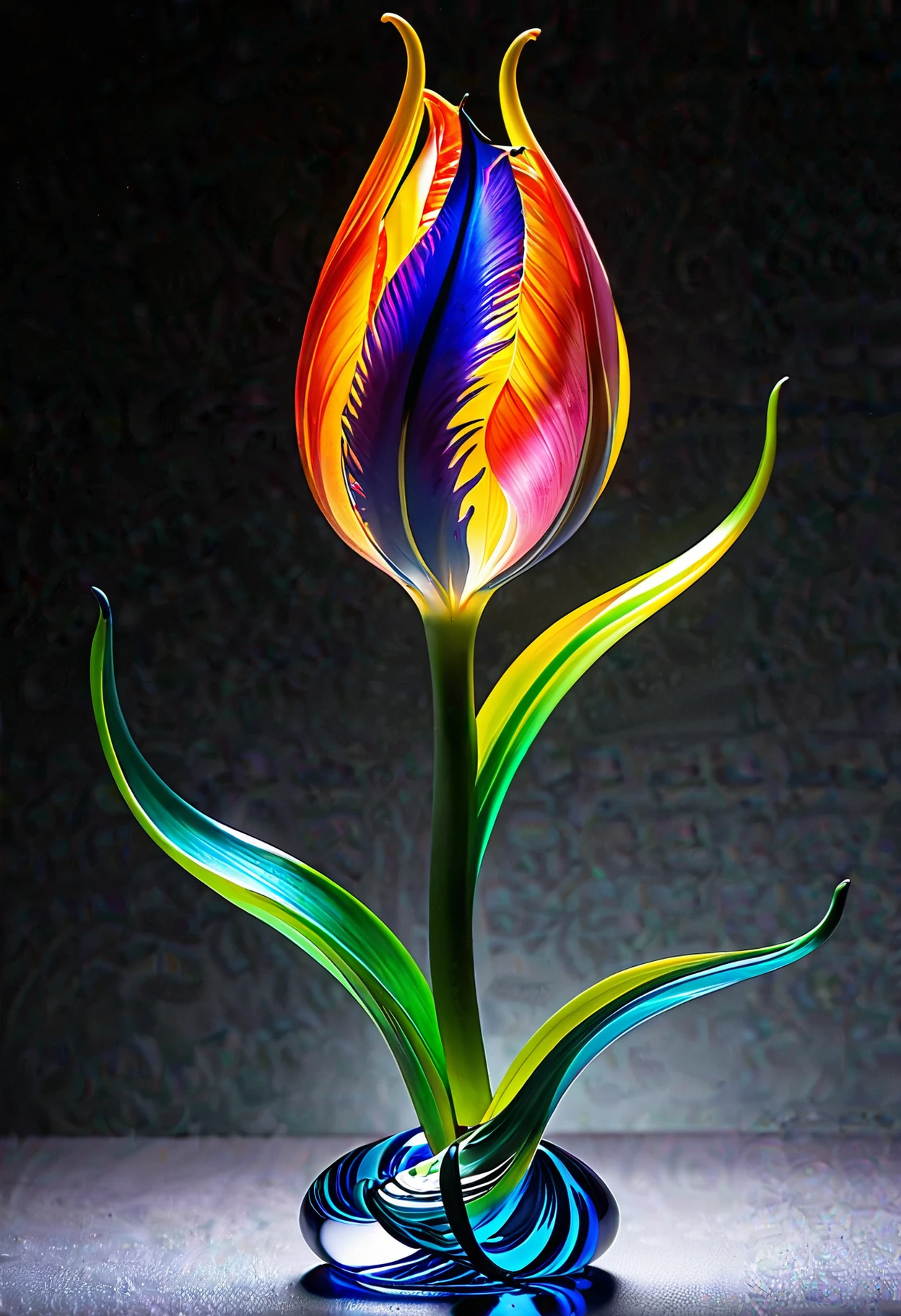 spiral droplet, glowing glass statue, multicolor tulip, (masterpiece, high detail, best quality), realistic, concept art