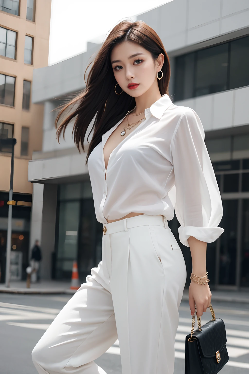 Cowboy Shot,high quality, masterpiece, realistic, photo-realistic ,high definition, ultra detailed, raw photo,1girl, young, mature female, mature face, looking at viewer, makeup, red lips, standing, dynamic pose, from front, trendy hairstyles, earrings, necklaces, bracelets, holding an LV bag, dressed as the CEO of a world-renowned multinational company, trendy translucent white shirt, khaki trousers, high heels, <lora:GoodHands-beta2:1>
