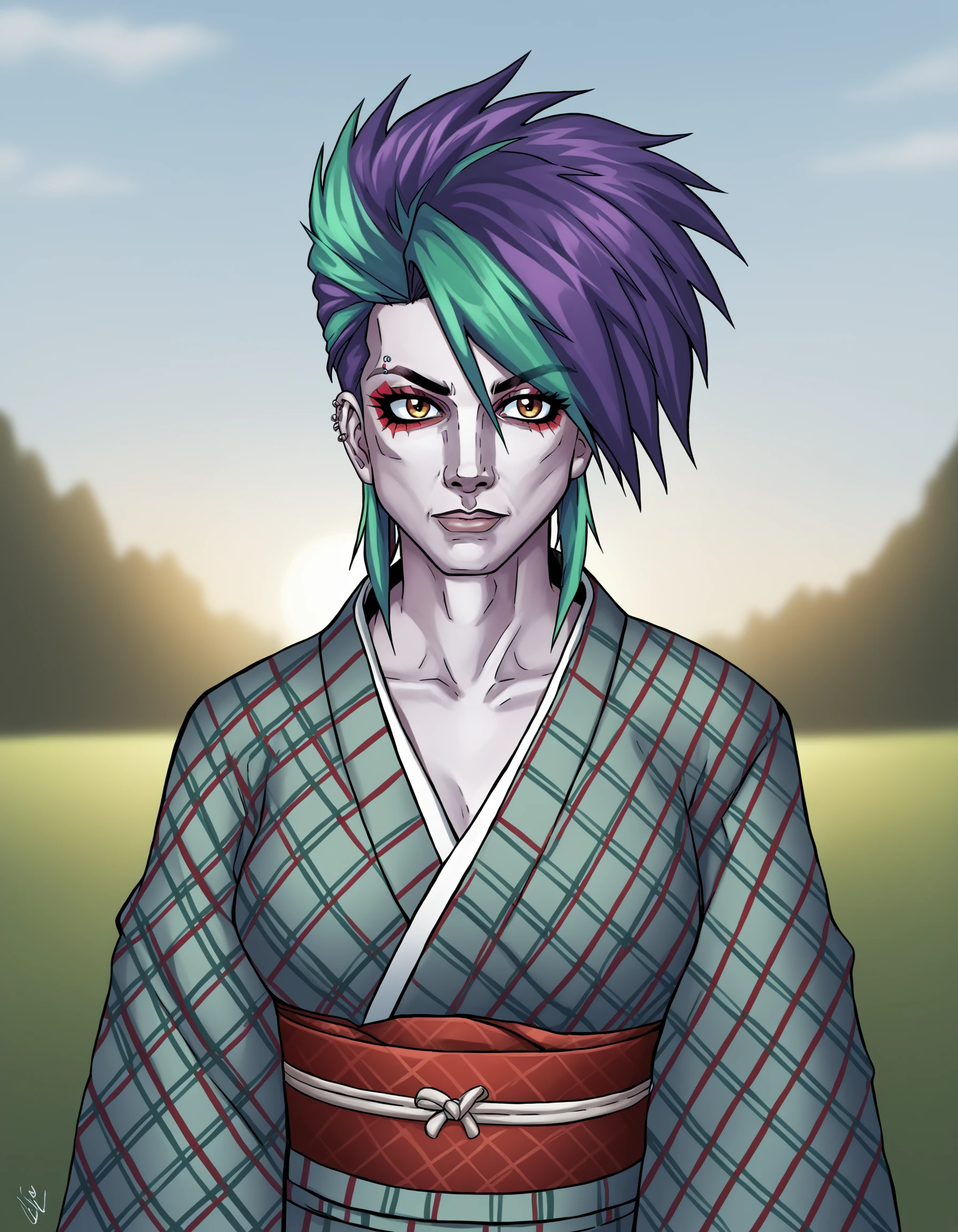 1girl, feminine, female focus, kimono, large breasts, celtic tartan pattern, plaid kimono, upper body, anime hero of the sun, in the style of dark white and emerald, handsome, 8k, portrait, aurorapunk, sharp brushwork, barbiecore, source_anime, source_pony, source_cartoon , depth of field, outdoors, cinematic angle, PonyXLV6_Scores