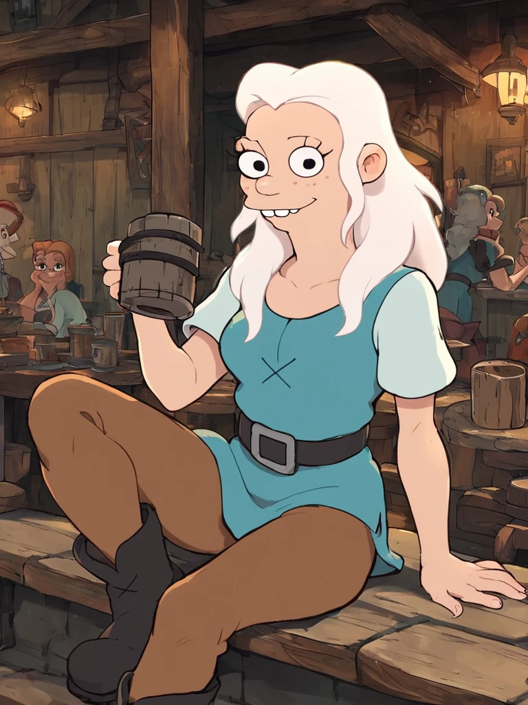 <lora:BeanPony1.0:0.8> tiabeanie, white hair, 1girl, long hair, buck teeth, solo, freckles, blue tunic, belt, brown pants,boots,outdoors,breasts,cup,holding,  tavern, black eyes,sitting, looking at viewer, smile, score_9, score_8_up, score_7_up, score_6_up