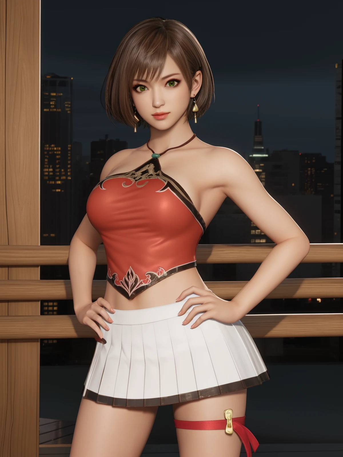 ZSGWSsunshangxiangDD, 1girl, solo, brown hair, jewelry, short hair, earrings, green eyes, bare shoulders, midriff, looking at viewer, leg ribbon, breasts, lips, medium breasts, <lora:ZSGWSsunshangxiangDD:0.75>,cityscape, night, hand on hip, pleated skirt,