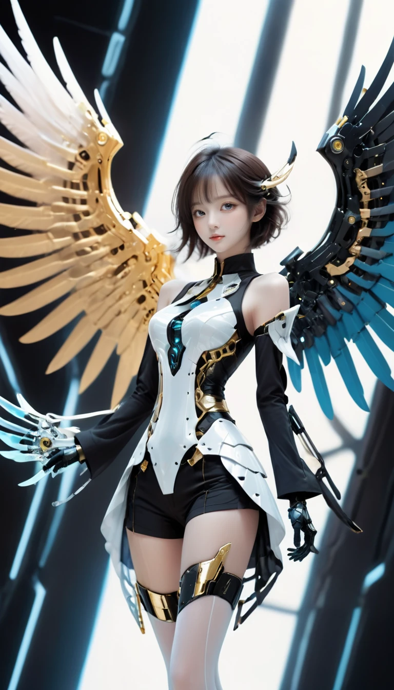 <lora:xl-shanbailing-0112yin_yang:0.9>,(1girl:1.2),wings,(solo:1.2),color patches,left and right different colors,contrast,
with a futuristic wing,mechanical wings,wings,science fiction,eyeshadow,single mechanical arm,gloves,mecha musume,cowboy shot,left black right white,black,gold,silk stockings,