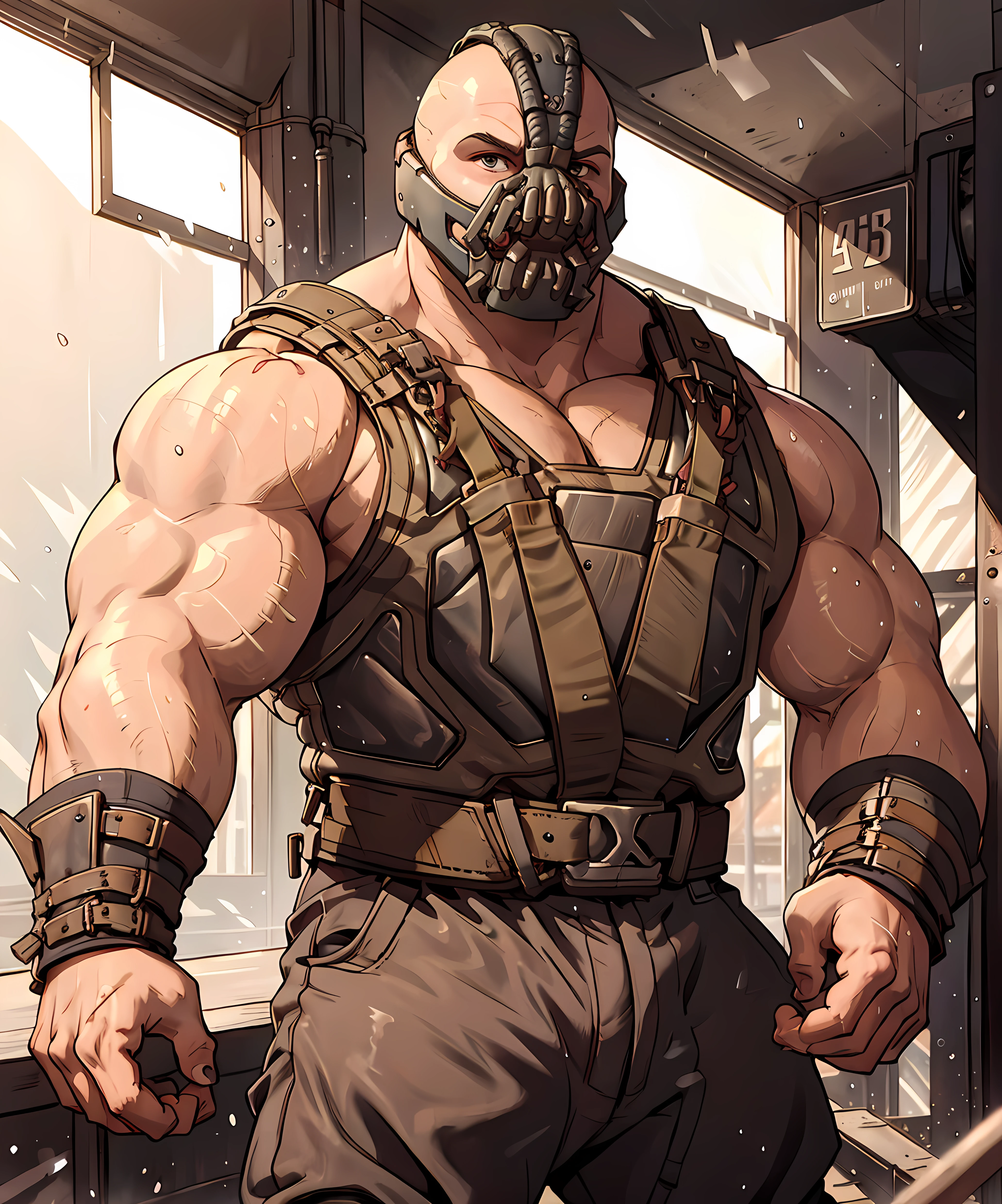 <lora:Bane:0.8> bane, looking at viewer, muscular, armor, mask, long pants, belt