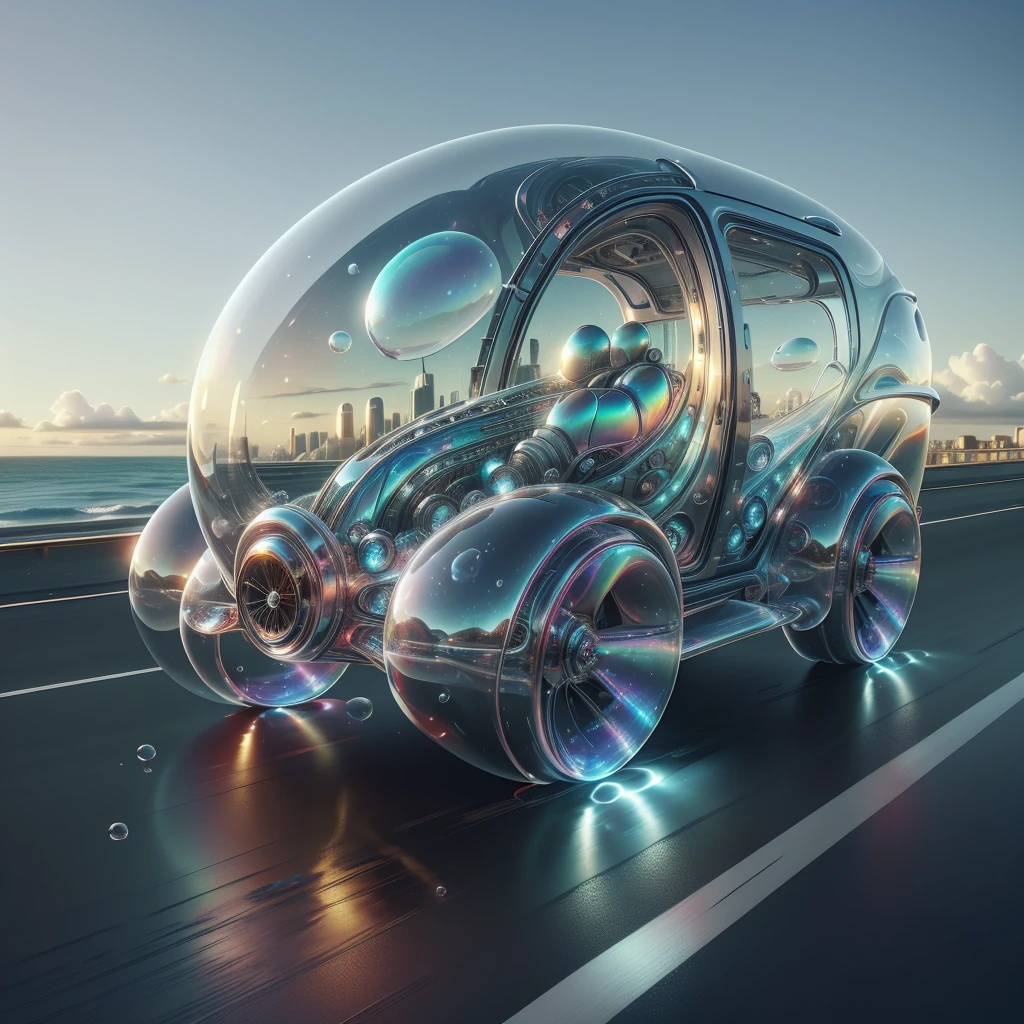 <lora:BubblyTech:0.8>,bubblytech ,scifi, transparent, iridescent , see-through, inflated, 
(car:0.1) , vehicle   ,on the coast highway,cityscape,