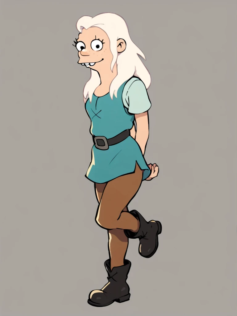 <lora:BeanPony1.0:1.0> Tiabeanie, solo, brown pants, belt, boots, full body, 1girl, white hair, buck teeth, long hair, arms behind back,leg up, freckles, smile, female focus,simple background, looking at viewer, smile, score_9, score_8_up, score_7_up, score_6_up