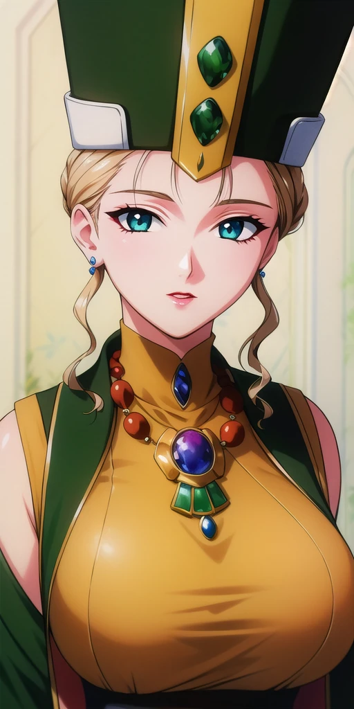 <lora:Rune_VenusV6:0.7> Rune_Venus, huge_breasts, standing, solo,  Yellow_turtleneck_robe_Green_sleeveless_coat_Green_hat_Neck_jewel_Bead_necklace_pendant_Wide_sleeves, masterpiece, best_quality, detailed_face, detailed_eyes, highres, beautiful, detailed, absurdres,