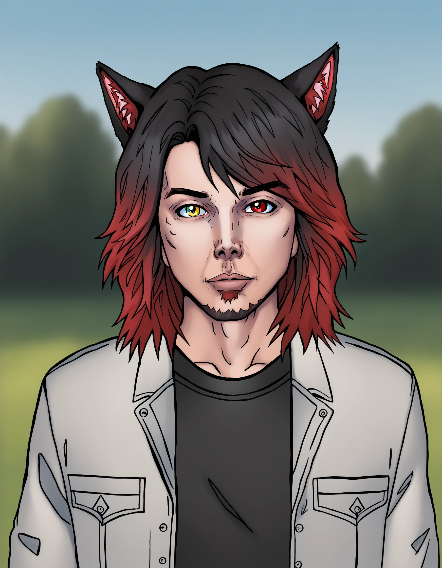 heterochromia, animal ears, solo, 1boy, male focus, red hair, multicolored hair, cat ears, looking at viewer, jacket, shirt, gradient hair, yellow eyes, red eyes, black hair, two-tone hair, facial hair, medium hair, depth of field, outdoors, cinematic angle, DskfllPosPNYXL