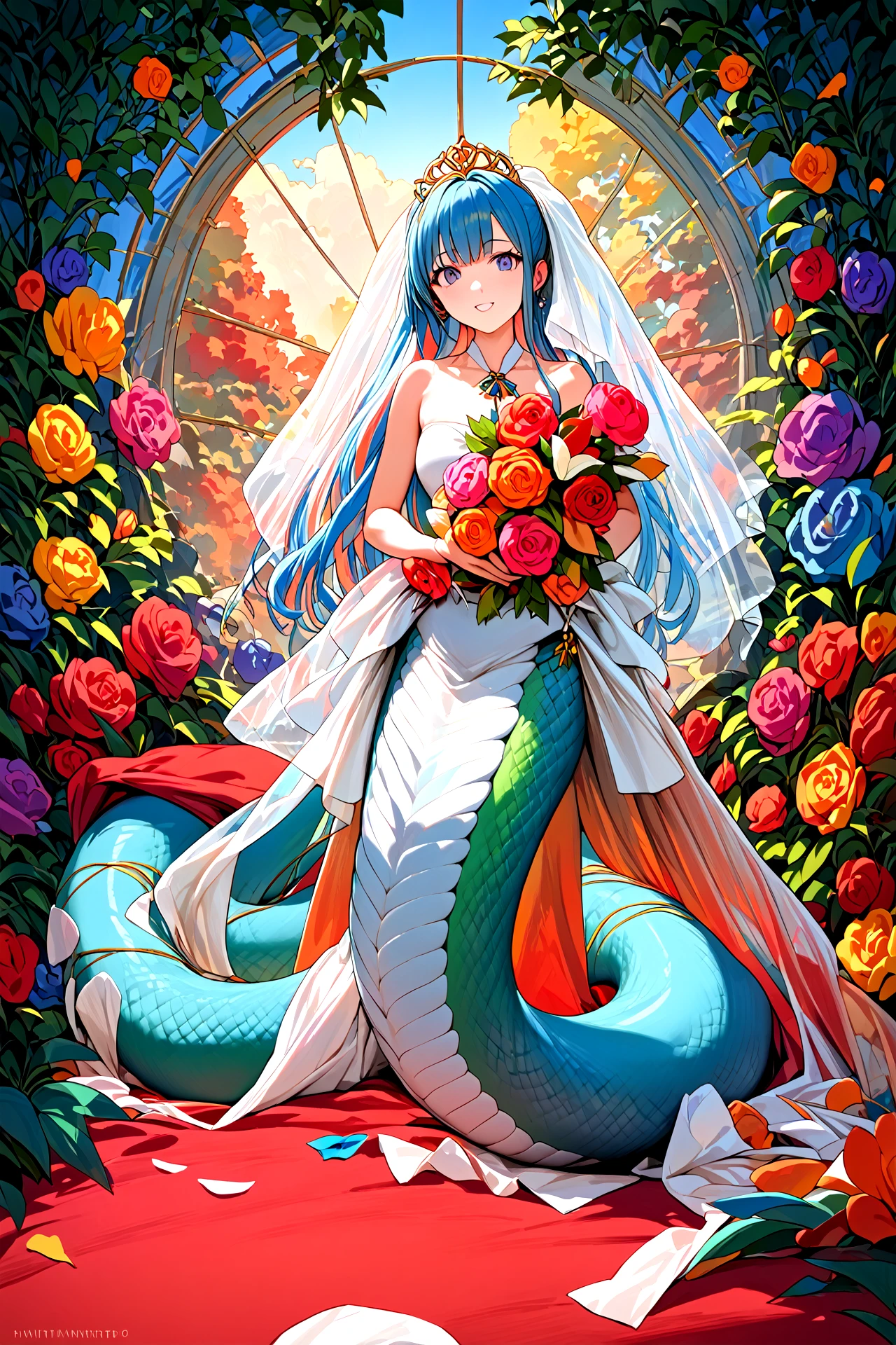 (score_9, score_8_up, score_7_up, source_anime,
(Masterpiece, best quality, illustration, high resolution, hyper detail, finely detailed, ultra-detailed),
8k, Wallpaper, grand, an extremely delicate and beautiful, anime, pixiv, colorful, distinct, bishoujo),
detailed cute anime face, perfect face, sharp
BREAK
<lora:SDXL_LoCon_lamia_PONY_dataset_WCoff_bt04_ep016_11600_1024_dim064_a016_con032_a008_LR00020_snr05_noise00_del:1>,
lamia, monster girl,
solo, 1girl, full body, outdoor,
see-through, wedding dress