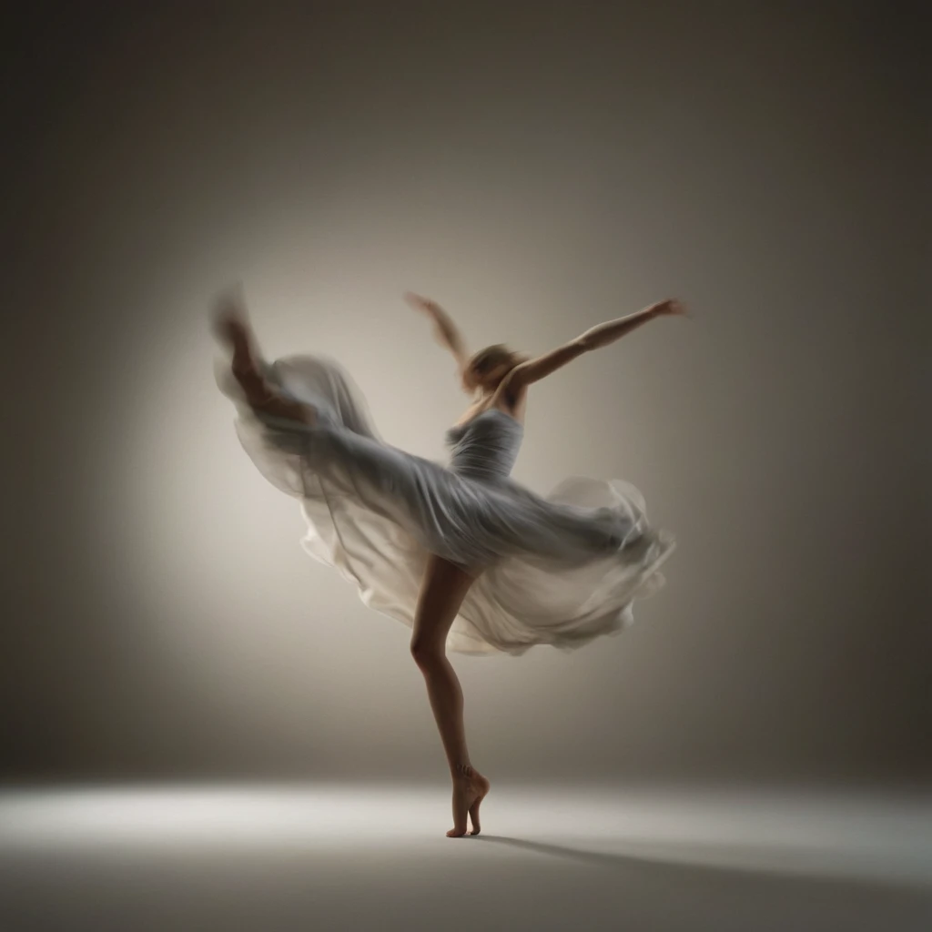 b4ckl1t, back lighting, a woman in a flowing dress is dancing in the dark with her arms outstretched and her legs spread out, Bert Stern, fashion photography, a marble sculpture, arabesque, silhouette, motion blur, massive breasts <lora:Backlit_Clothes_XL-000009:1>