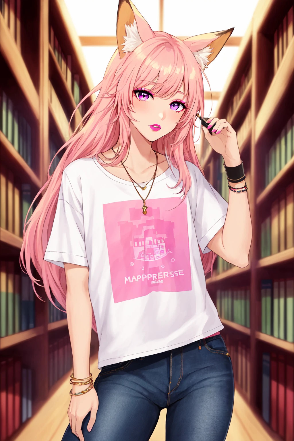 masterpiece, best quality, official art, 1boy, solo, transgender male, fox ears, animal ears, tan, tan skin, ganguro, two tone hair, long hair, wearing a black and pink anime tshirt, denim jeans, makeup, wristband, lipstick, jewelry, depth of field, vaporwave, citypunk, indoors, library