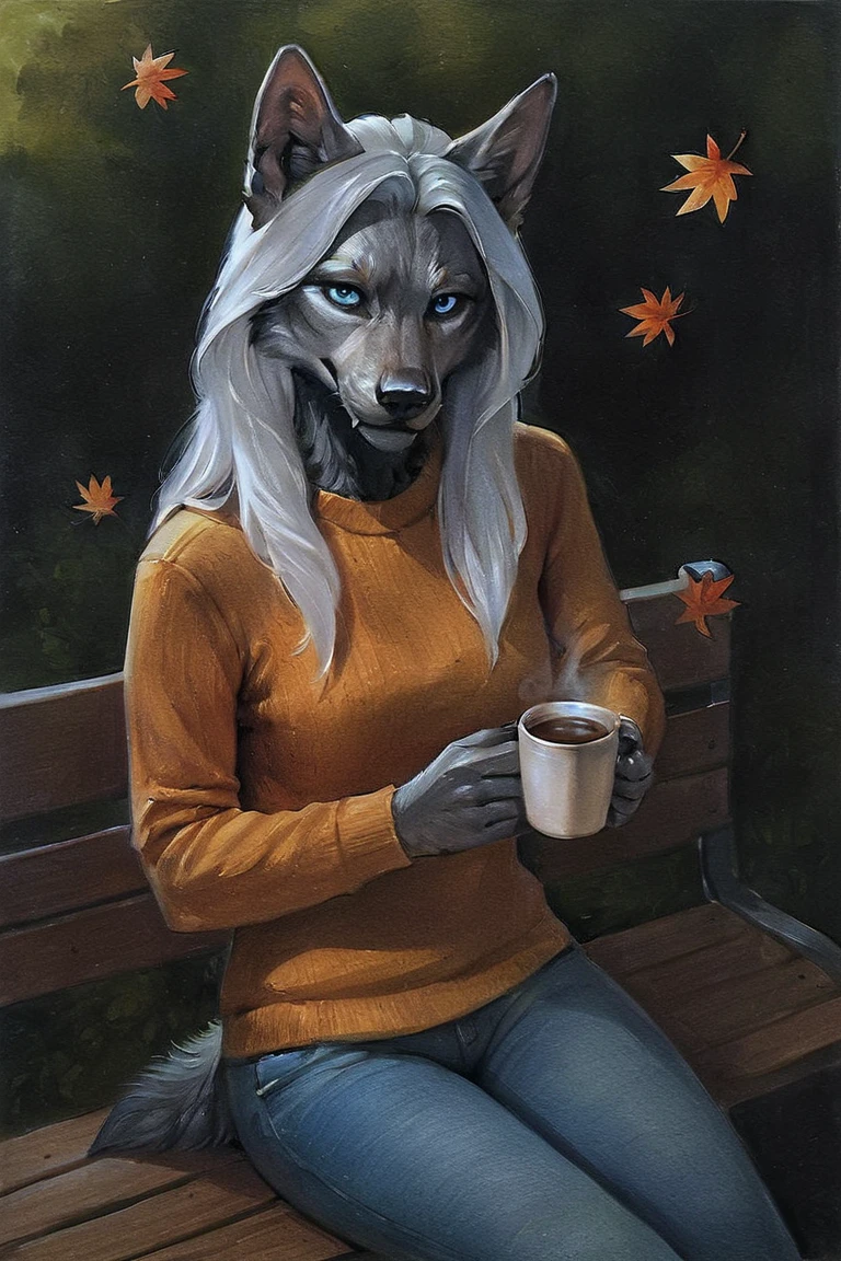 score_9, score_8_up, score_7_up, rating_safe, source_furry, traditional media, realistic, anthro, furry, werewolf, grey fur, long hair, white hair, blue eyes, orange sweater, long sleeves, blue jeans, holding cup, coffee cup, disposable cup, 1girl, solo, looking at viewer, cowboy shot, sitting, on bench, bench, outdoors, forest, autumn, falling leaves <lora:Ð¡osmic Void Style LoRA_Pony XL v6 ALT:0.7>