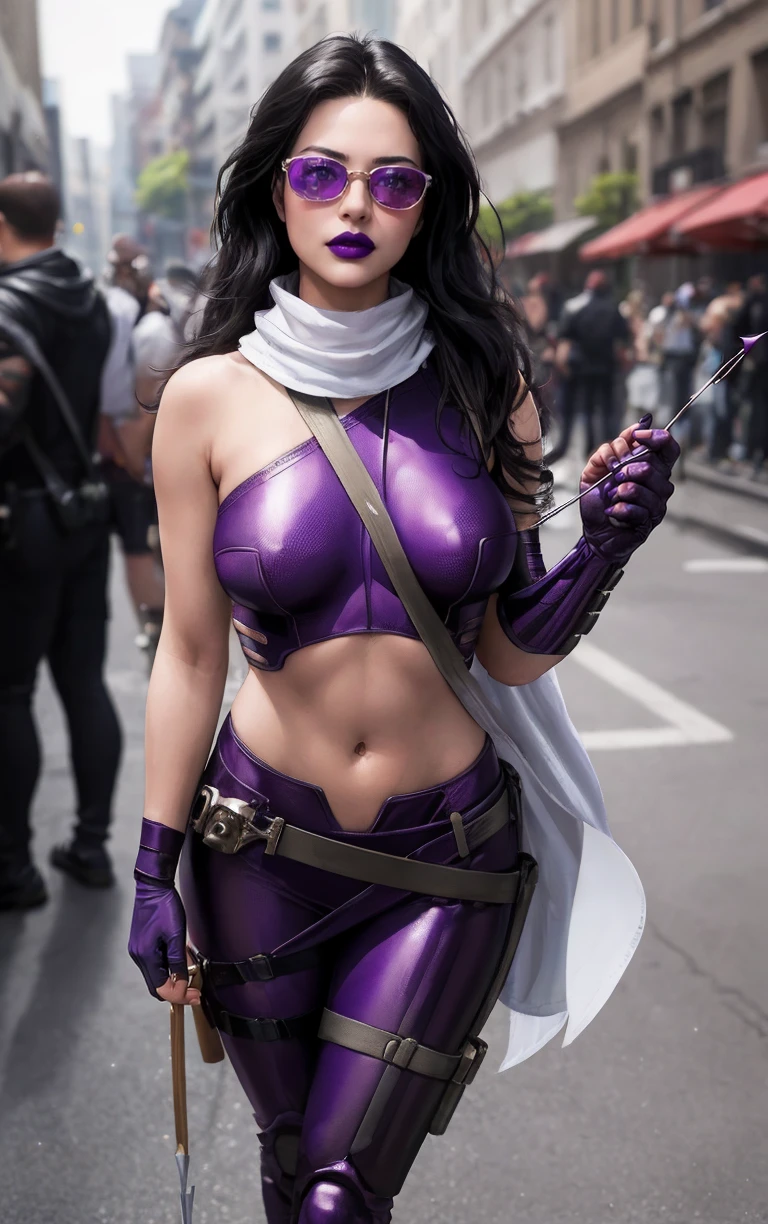 MARVEL_KateBishop_YoungAvengers_ownwaifu,
1girl, long hair, black hair, sunglasses, breasts, lipstick,  makeup, large breasts, purple lips, white scarf,
crop top, long scarf, purple bodysuit, single elbow glove, scarf, midriff, navel, fingerless gloves,  quiver,  belt,  bodysuit, elbow gloves, asymmetrical clothes,
<lora:MARVEL_KateBishop_YoungAvengers_ownwaifu:0.9> ,
(masterpiece, best quality, ultra detailed, absurdres:1.4),  original, official_art, chromatic_aberration, light_particles, bokeh, bloom, depth_of_field, outdoors, day, looking at viewer, solo, cowboy shot,