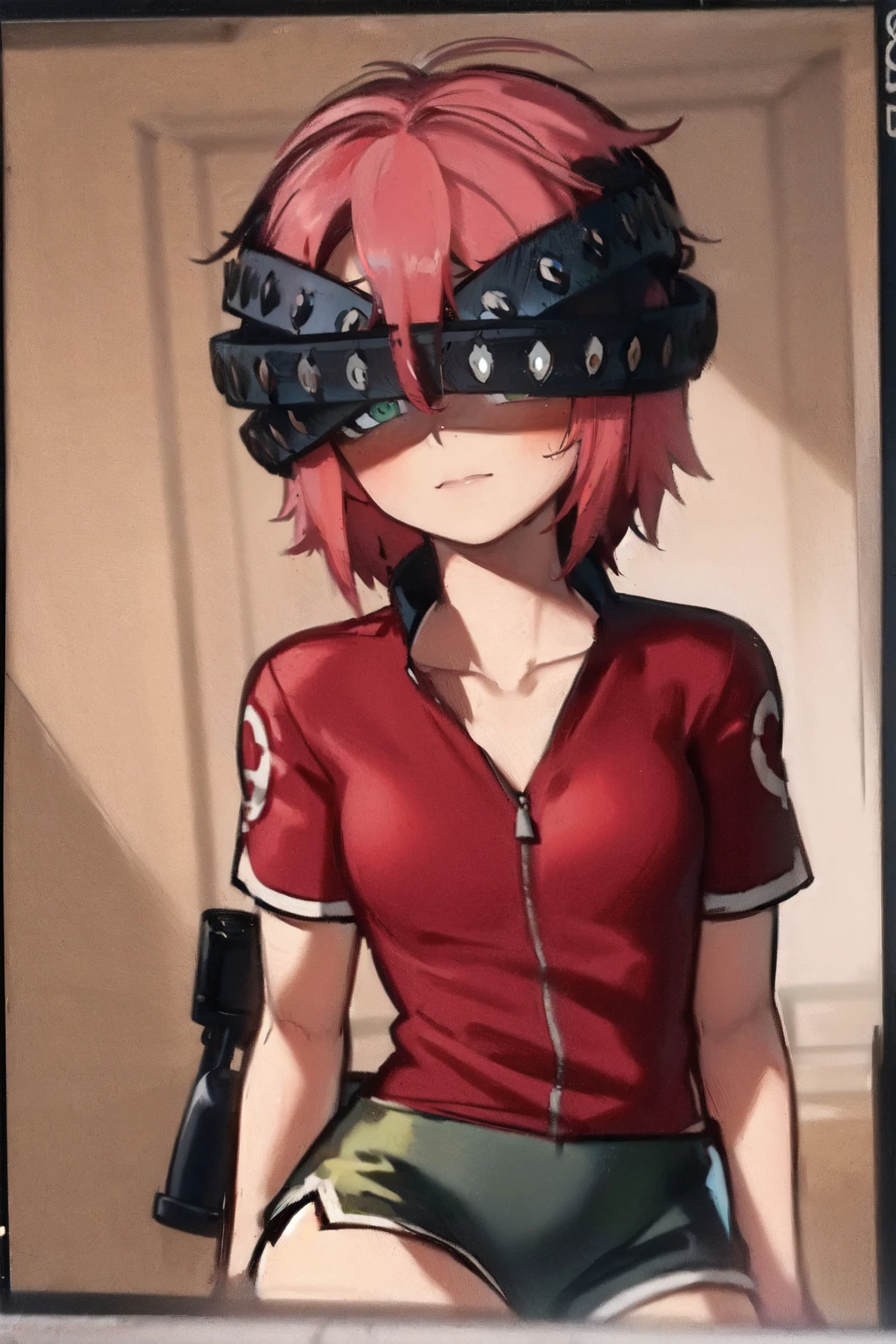 (masterpiece, highres, detailed),upper body,<lora:SakuraV2:0.7>,haruno sakura,1girl,pink hair,green eyes,short hair,long hair,short sleeves,bike shorts,<lora:arivayle2-02>,(arihelmet),