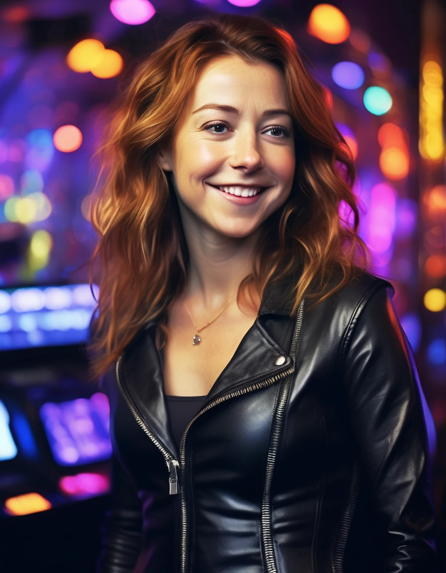 <lora:Alyson Hannigan V5:1.0>,close-up professional portrait photo of ((alynhnnsnwllw woman)),  looking at the camera , wearing  a black latex zipped up  body suit, very large bosom,  at a upscale night club bar, neon lights,  highly detailed, hires, skin texture, subsurface scattering