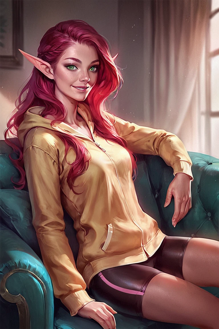score_9, score_8_up, score_7_up, rating_safe, pinkdreamsstyle, concept art, digital art, realistic, elf, pointy ears, red hair, long hair, green eyes, yellow hoodie, bike shorts, smile, 1girl, solo, looking at viewer, cowboy shot, sitting, on couch, couch, indoors, living room <lora:Pink Dreams Style LoRA_Pony XL v6 ALT:0.7>