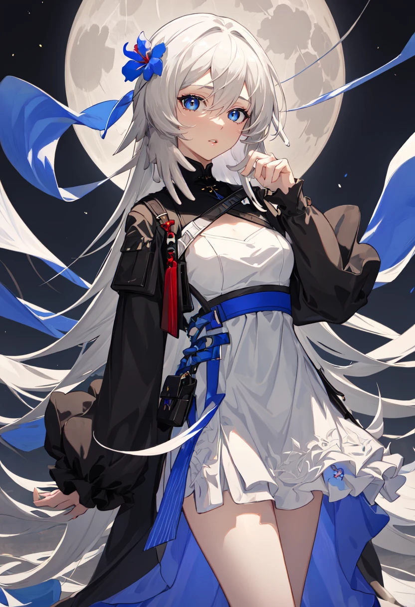 best quality, masterpiece, highres, solo, (mulberry_arknights:1.10), 1girl, long sleeves, looking at viewer, parted lips, sleeves past fingers, white hair, flower, blue dress, blue ribbon, hair ornament, see-through, white dress, full moon, 6 <lora:mulberry_arknights:0.80>