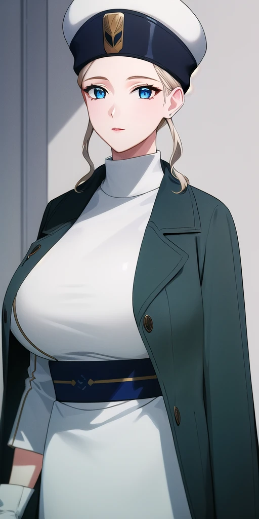 <lora:Rune_VenusV6:0.7> Rune_Venus, huge_breasts, standing, solo,  Green_coat_White_turtleneck_dress_white_headwear_white_gloves_blue_sash, masterpiece, best_quality, detailed_face, detailed_eyes, highres, beautiful, detailed, absurdres,