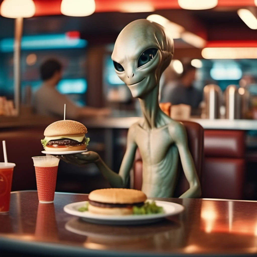 cinematic photo a full body alien having a burger in a fastfood restaurant  <lora:Paul1024:0.9> . 35mm photograph, film, bokeh, professional, 4k, highly detailed