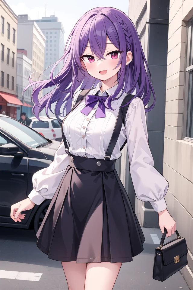 insanely detailed, absurdres, ultra-highres, ultra-detailed, best quality,
1girl, solo, nice hands, perfect hands
BREAK
braid, shirt, holding, mary janes, socks, black skirt, long hair, white shirt, suspender skirt, white socks, long sleeves, ribbon, suspenders, standing, ruffles, black ribbon, bow , black bow tie, long skirt, black bow, neck ribbon, bowtie, bag
BREAK
(nsfw:-1.5)
BREAK
happy smile, laugh, open mouth
BREAK
standing, cowboy shot, looking at viewer
BREAK
slender, kawaii, perfect symmetrical face, ultra cute girl, ultra cute face, ultra detailed eyes, ultra detailed hair, ultra cute, ultra beautiful
BREAK
in school ground, depth of field, ultra detailed background
BREAK
large breasts
BREAK
(purple hair:1.3), red eyes, milkmaid braids, hair between eyes