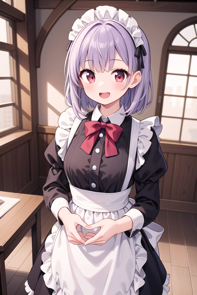 insanely detailed, absurdres, ultra-highres, ultra-detailed, best quality,
1girl, solo, nice hands, perfect hands
BREAK
(cleavage:-1.5),
(traditional maid:1.2),
apron, blush, bow, bowtie, frilled apron, frills, long sleeves, maid, maid apron, maid headdress, waist apron, white apron,
(maid costume, maid hair dress:1.3), long skirt
BREAK
happy smile, laugh, open mouth
BREAK
from above,
standing, cowboy shot, looking at viewer
BREAK
slender, kawaii, perfect symmetrical face, ultra cute girl, ultra cute face, ultra detailed eyes, ultra detailed hair, ultra cute, ultra beautiful
BREAK
fantasy world, in castle, indoors, antique interior, depth of field, ultra detailed background
BREAK
medium large breasts
BREAK
(purple hair, red eyes), medium hair, hime cut
