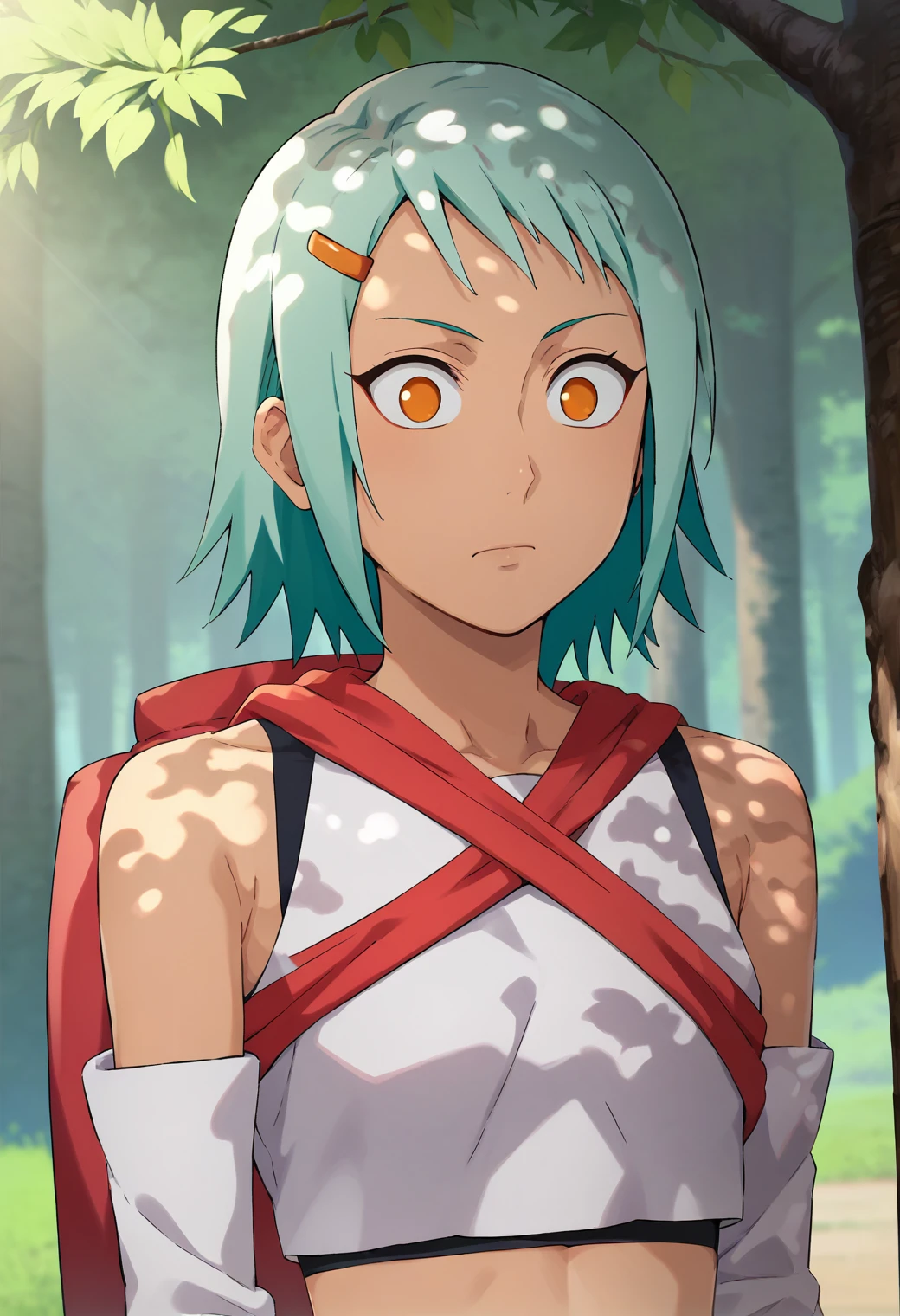 1girl, fuu, <lora:fuu_ponyxl_v1-000025:0.9>, solo, bare shoulders, white crop top, upper body, surprised, closed mouth, detached sleeves, hairclip, red backpack, BREAK
outdoors, under tree, dappled sunlight, sunbeam, nature, foliage
BREAK
score_9, score_8_up, score_7_up, score_6_up, anime