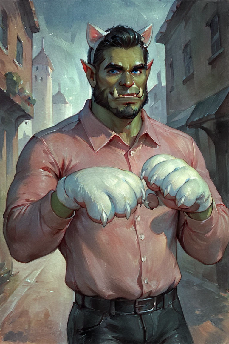 score_9, score_8_up, score_7_up, rating_safe, traditional media, realistic, orc, green skin, tusks, facial hair, beard, mustache, black hair, blue eyes, pink shirt, collared shirt, long sleeves, black pants, muscular, 1boy, solo, male focus, mature male, fake animal ears, animal ears, cat ears, white cat ears, paw gloves, white paw gloves, cat paws, paw pose, smile, looking at viewer, cowboy shot, standing, outdoors, city, building <lora:Green Patina Style LoRA_Pony XL v6 ALT:0.7>