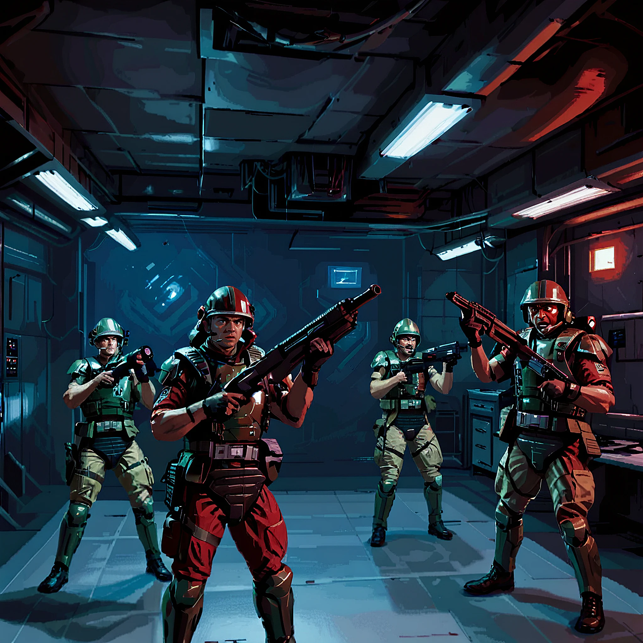 three soldiers aiming their weapons at the ceiling in a laboratory, fear, panic, holding weapon, rifle, uscmc, horror_(theme), darkness, red theme, armor, helmets, flashlight