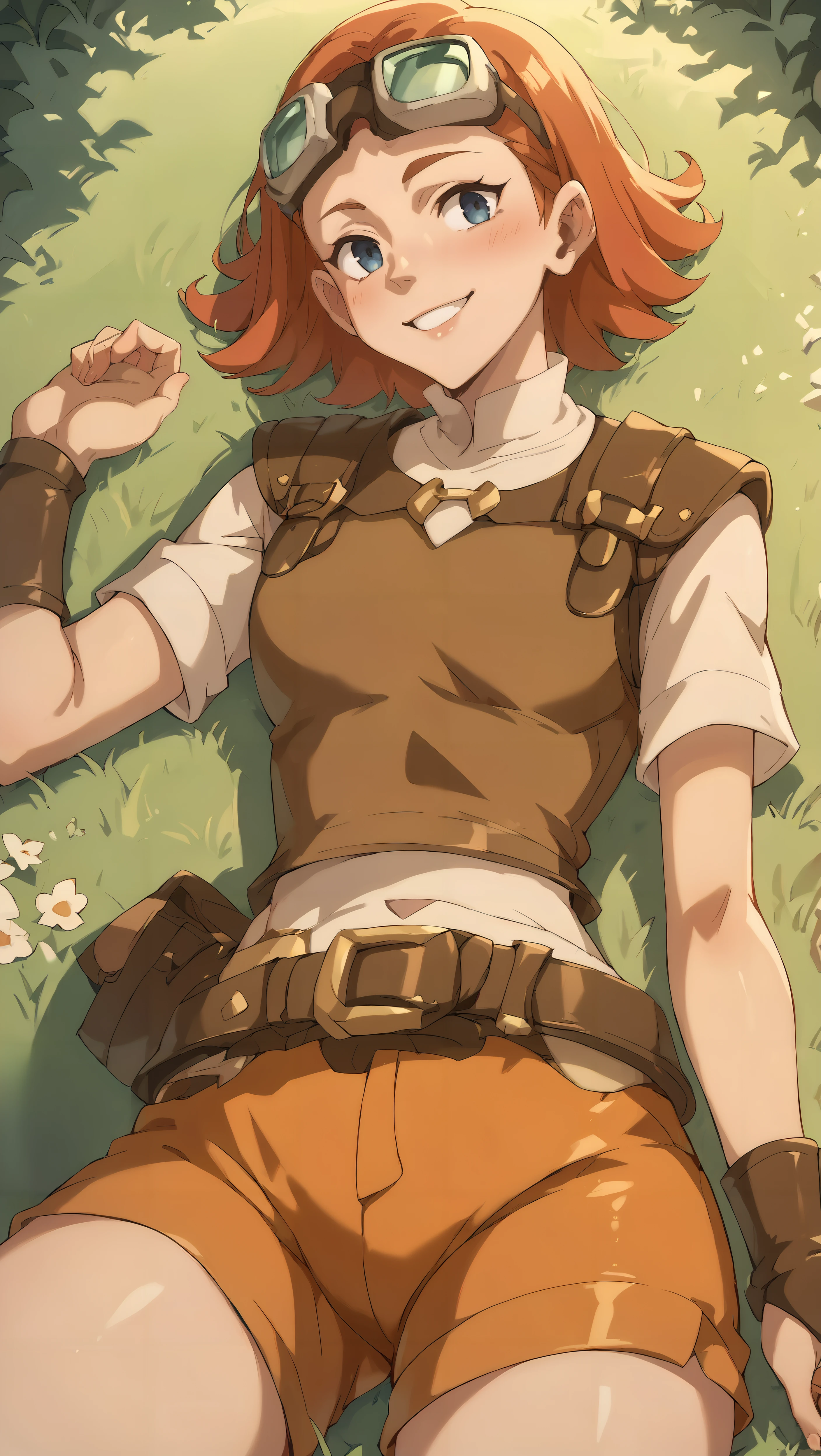 score_9,score_8_up,score_7_up,score_6_up, zPDXL, <lora:Myun-pony:0.8>, girl, short orange red hair, straight hair, goggles on head, dark blue eyes, orange shorts, brown leather outfit, leather boots, leather belt, short white sleeves, leather breastplate, arm guards, <lora:Wakfu_CartoonV02:0.8>, forest, light rays, dense vegetation, (leaning back), tall grass, happy, smile,