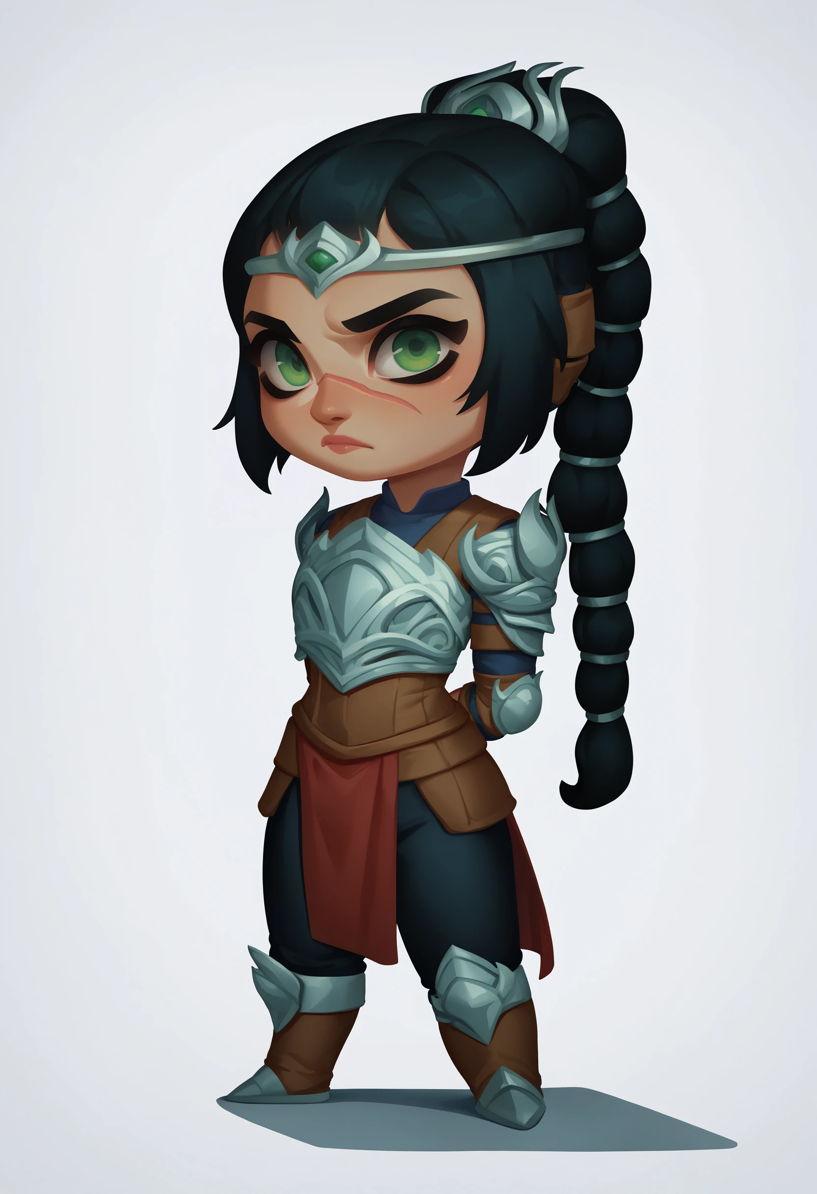 score_9, score_8_up, 1girl, solo, shadowheart, black hair, braided ponytail, chibi, green eyes, scar on face, circlet, looking at viewer, armor, arms behind back, standing, white background <lora:ShadowHeartXL:0.8>     <lora:TomacoSunderlandXLLocon:1>