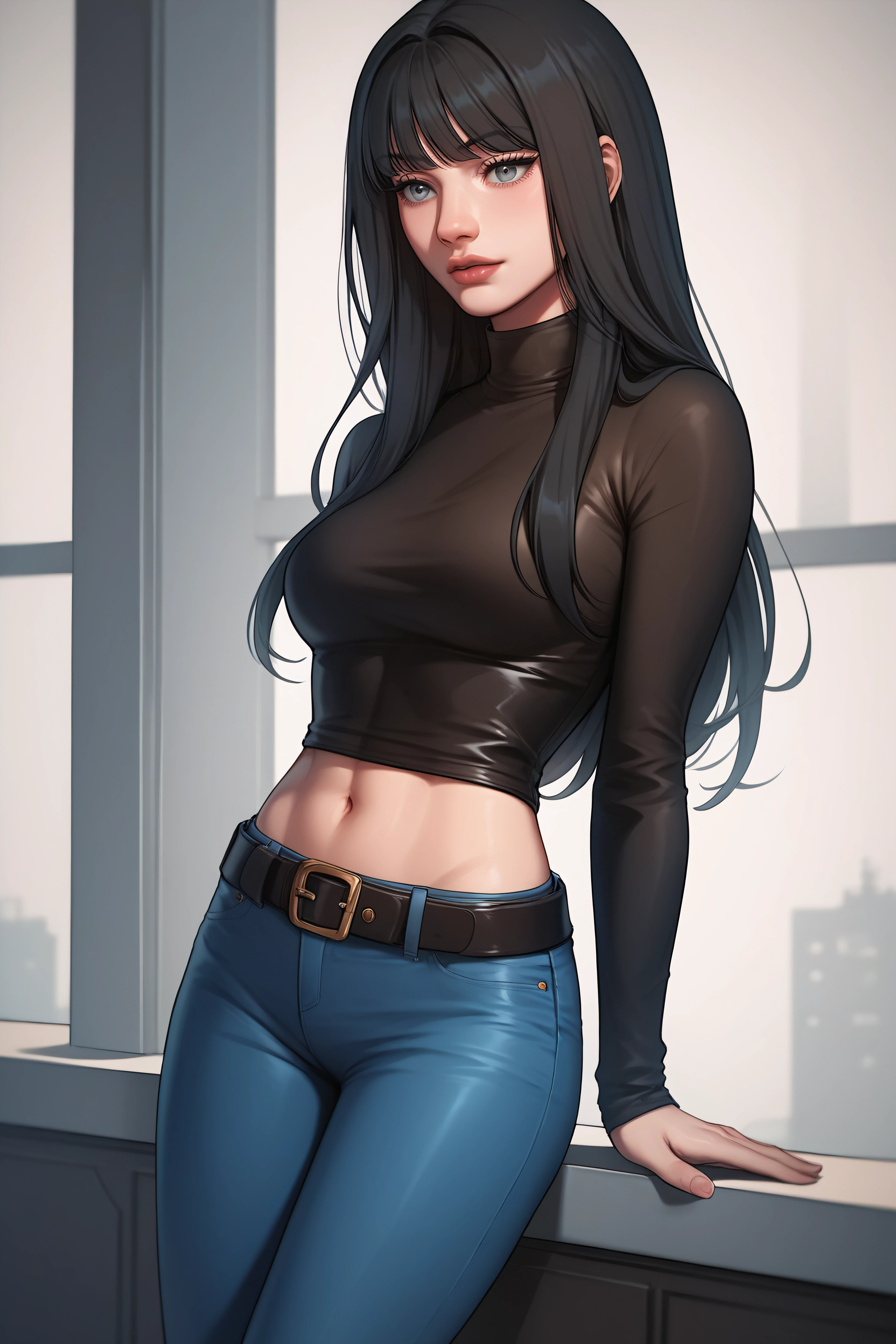 score_9, score_8_up, score_7_up, <lora:Kang Yuna-PonyXL-lora-faxtron:0.8> kang yuna, blueish-gray eyes, black hair, long hair, medium breasts, navel, belt, black turtleneck,  long sleeves, blue jeans, brown knee boots,