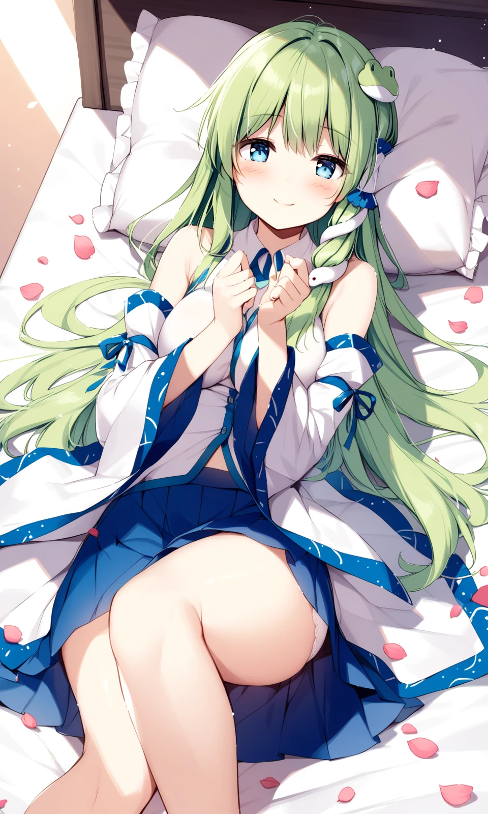 1girl, sensitive, kochiya sanae, solo, long hair, looking at viewer, blush, smile, blue eyes, shirt, skirt, long sleeves, hair ornament, bare shoulders, white shirt, thighs, frills, detached sleeves, green hair, wide sleeves, white panties, blue skirt, pillow, feet out of frame, petals, hair tubes, frog hair ornament, snake hair ornament