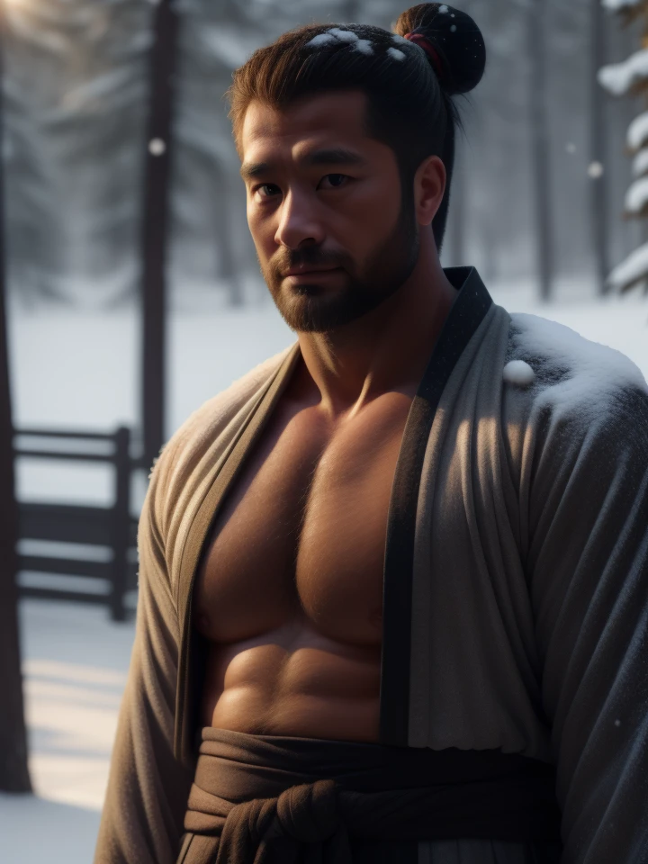 sexy muscular bodybuilder man, nude, neiny penis, detailed body, mature asian, veiny arms, short hair, sweaty body, detailed face,mouth scar, scarf, covered mouth