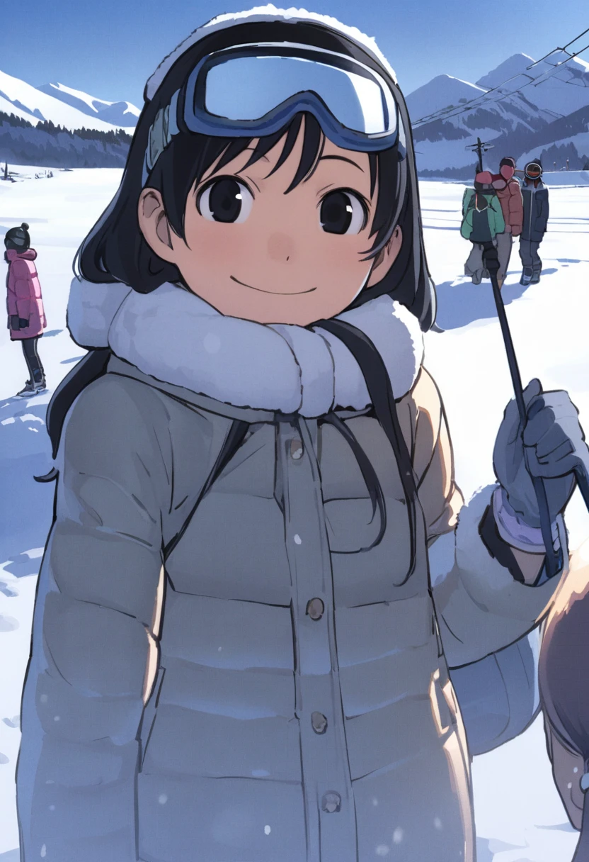 <lora:comiclo_a31:1>,snow, goggles, sky, black hair, outdoors, winter, black eyes, smile, multiple girls, day, 1girl, gloves, multiple boys, goggles on head, winter clothes, solo focus, coat, long hair, mountain, jacket, child, power lines