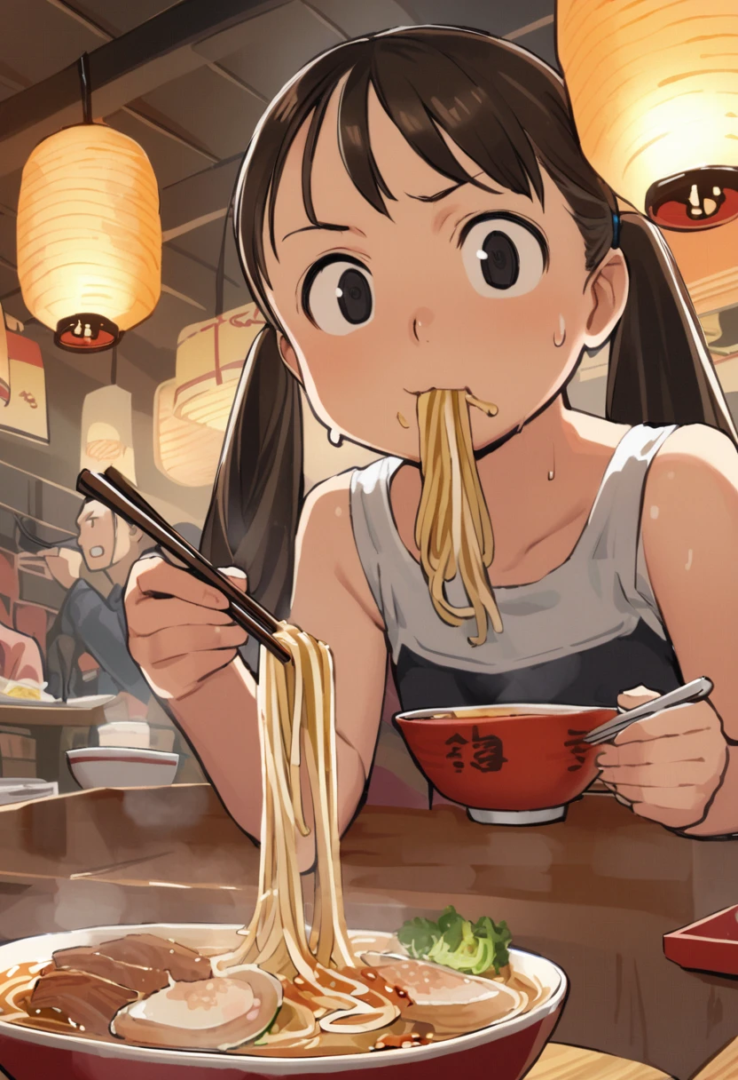 <lora:comiclo_a31:1>,noodles, ramen, food, restaurant, chopsticks, eating, 1girl, bowl, twintails, black eyes, cup, solo focus, brown hair, sweat, food stand, , holding, black hair, long hair, lantern, paper lantern, holding chopsticks, multiple boys