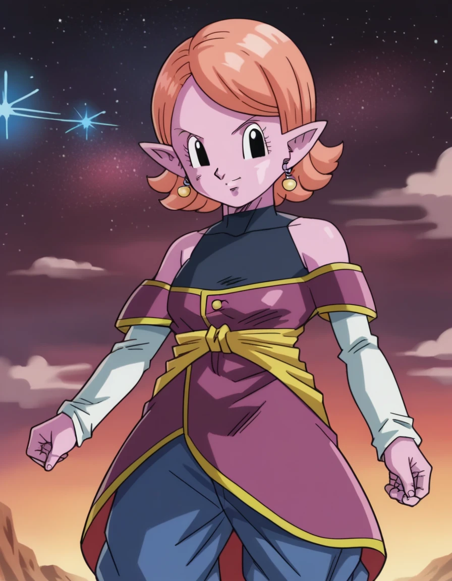 score_9, score_8_up, score_7_up, source_anime,
dragonballchronoa, <lora:dragon-ball-chronoa-ponyxl-lora-nochekaiser:1>,
chronoa, bare shoulders, pointy ears, colored skin, pink hair, pink skin, swept bangs, short hair, black eyes,
leotard, dress, purple dress, off shoulder, bare shoulders, detached sleeves, pants, blue pants,
outdoors, space, smile,
looking at viewer, cowboy shot, dutch angle,